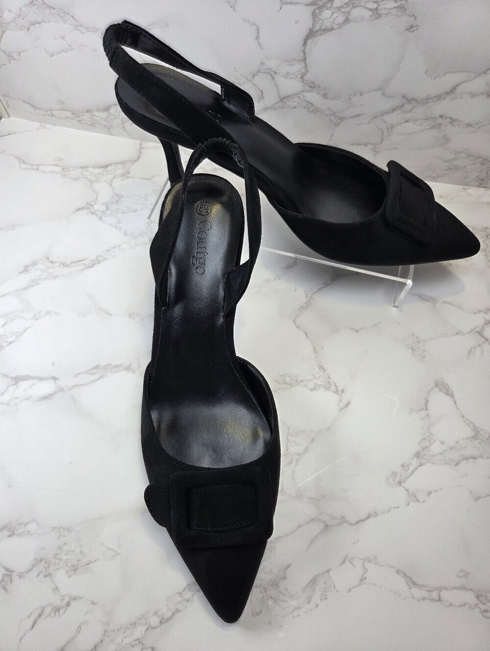 Classic Black Pointed Slingback Heels with Buckle Accent ( Coutgo )(B24)